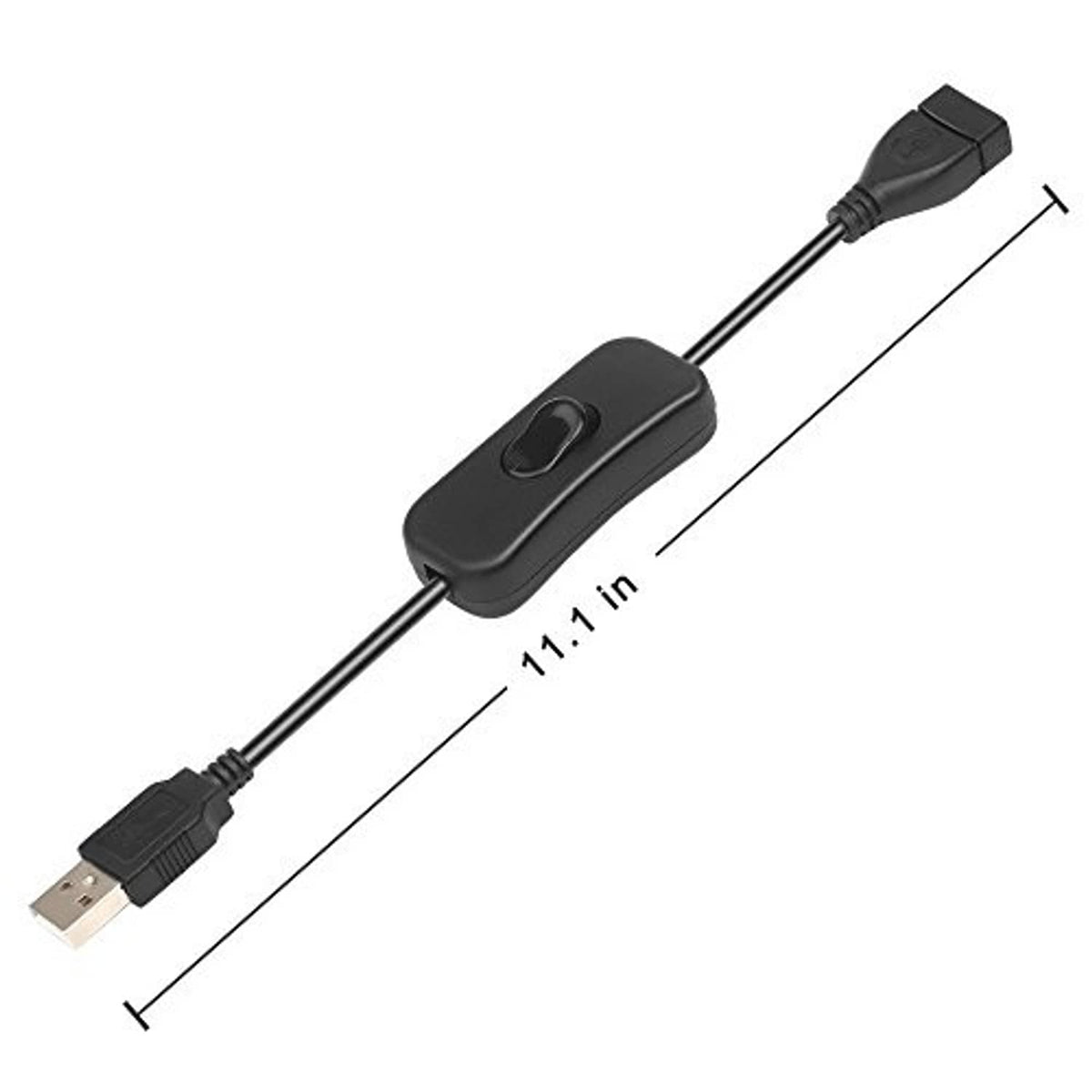 USB male-to-female power extension cable with inline on/off switch, 11.1 in