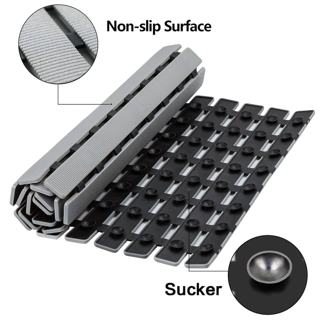 Non-slip shower mat with suction cups and raised ridges on textured surface