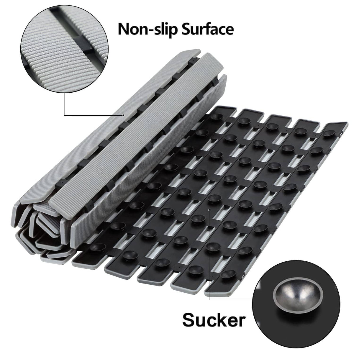 Non-slip shower mat with suction cups and raised ridges on textured surface