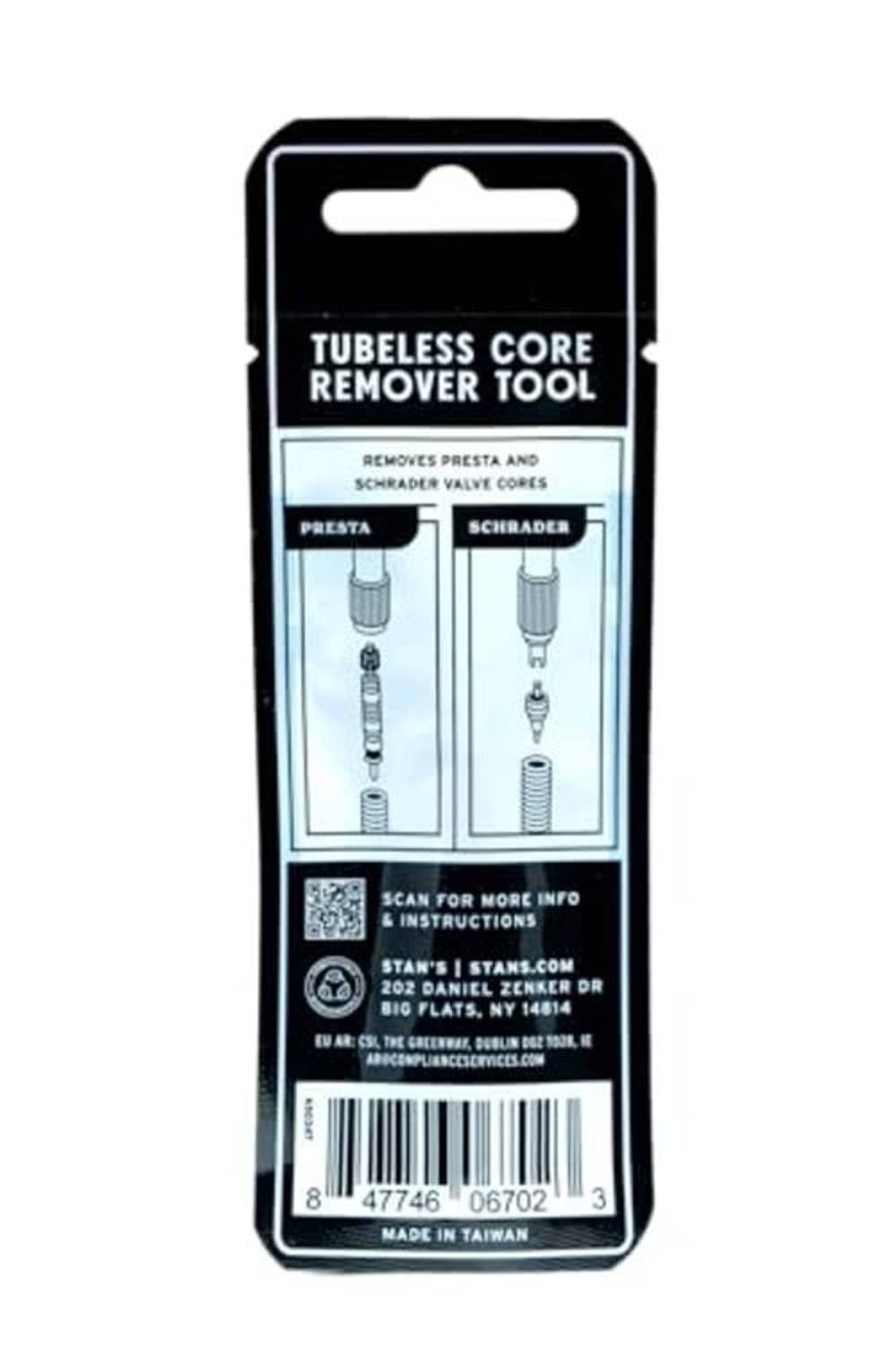STANS tubeless core remover tool blister pack back, black label with diagrams and barcode