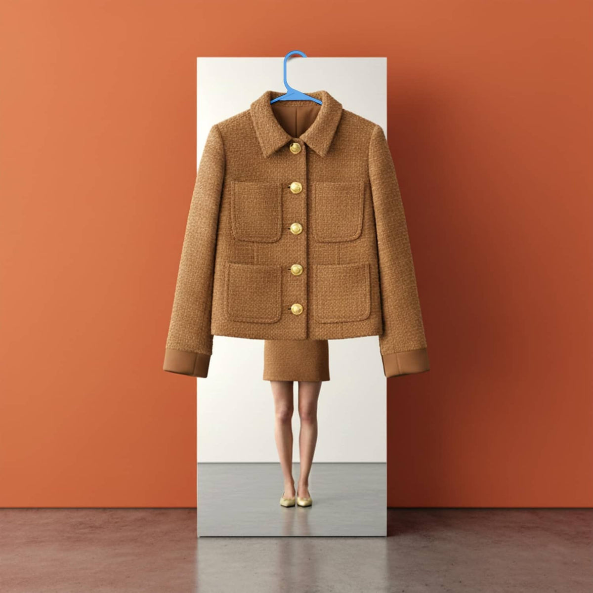 Blue plastic hanger displaying a brown jacket on a stand