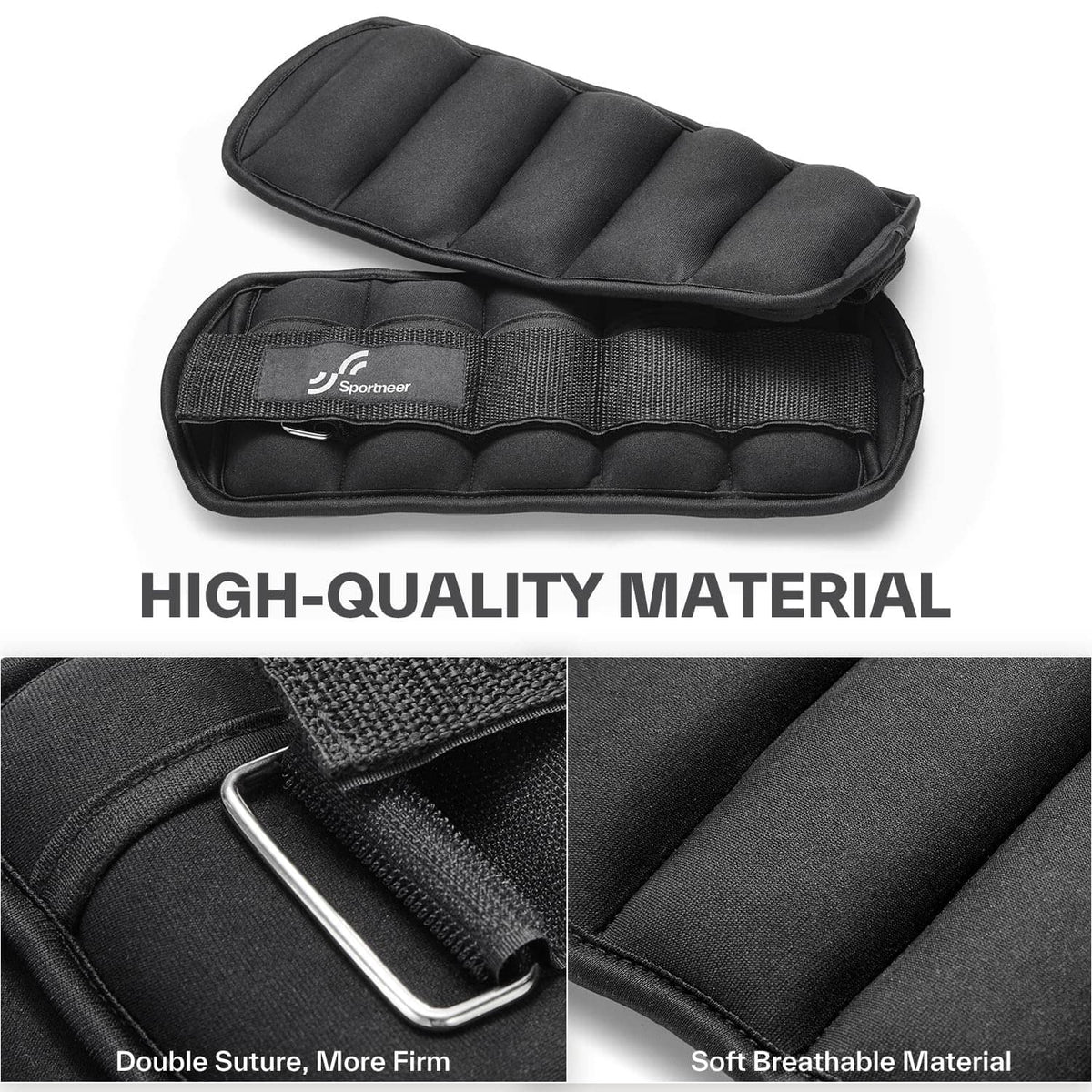 Black adjustable weighted ankle weights with segmented pad and velcro closure