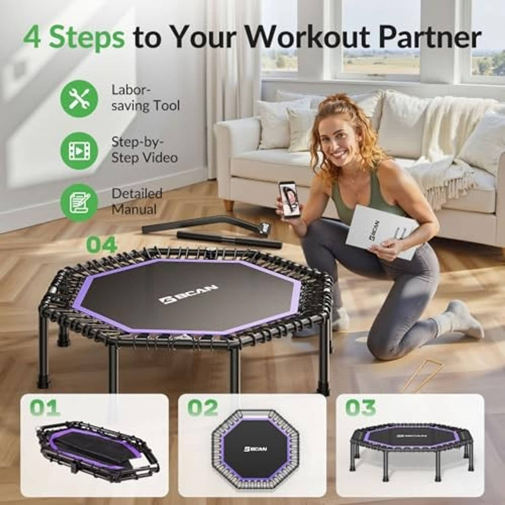 Octagonal rebounder trampoline in living room with purple-trimmed black spring mat