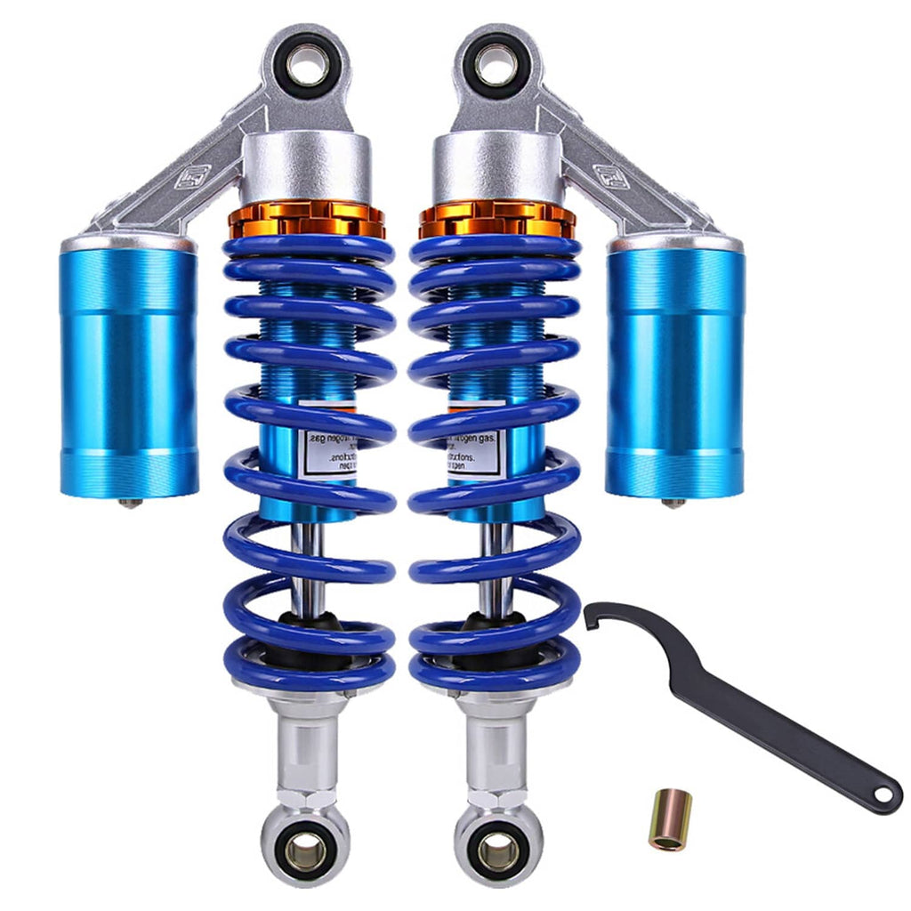 Motorcycle rear air shock absorbers with blue coil springs, orange caps, and silver brackets