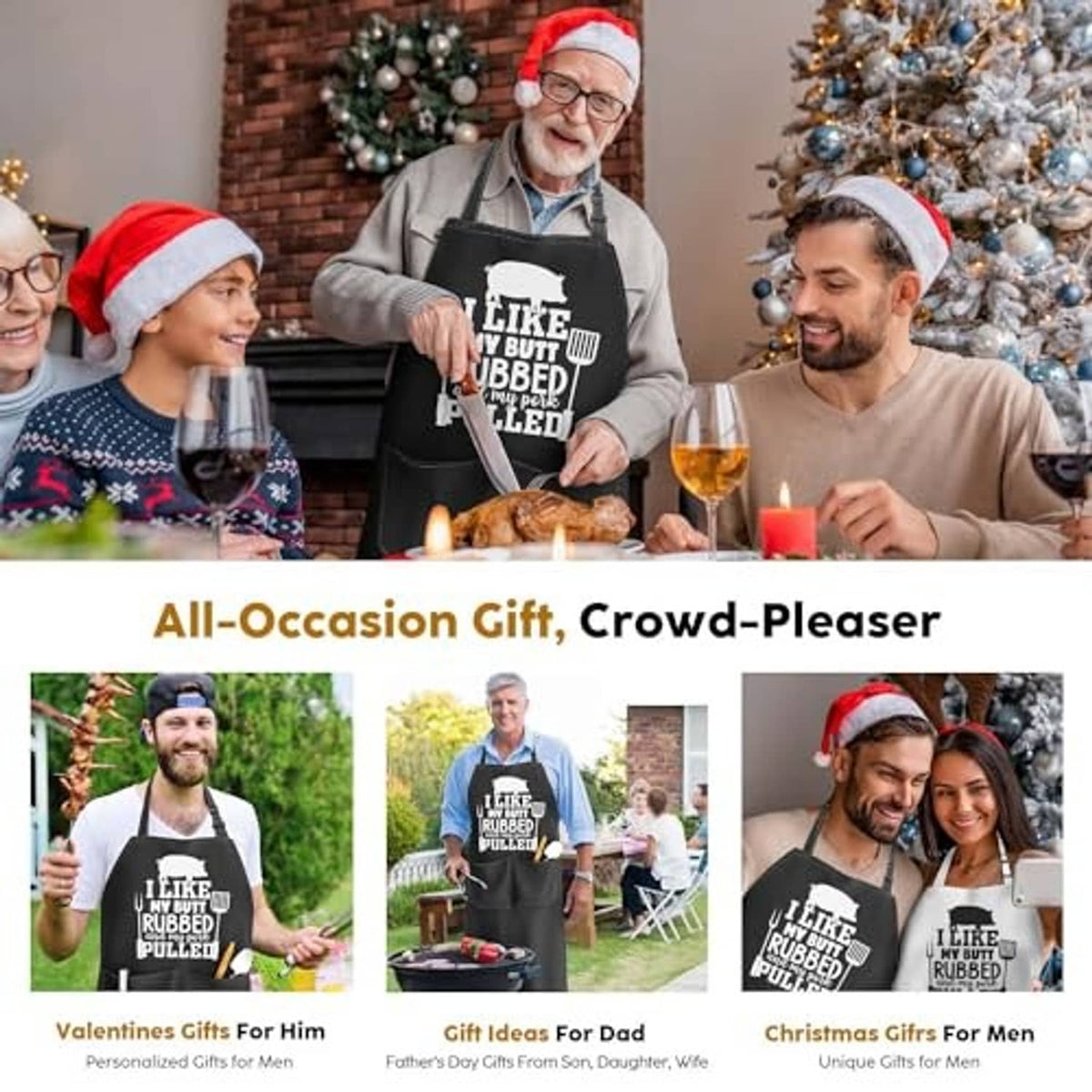 Black chef apron with white novelty print, worn during a family holiday meal