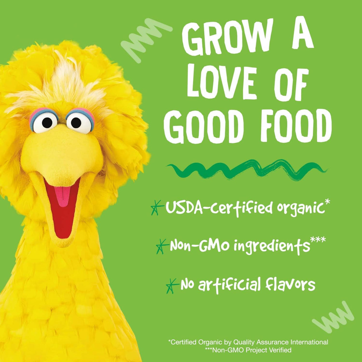 Organic veggie puffs promo with USDA-certified organic and non-GMO labels