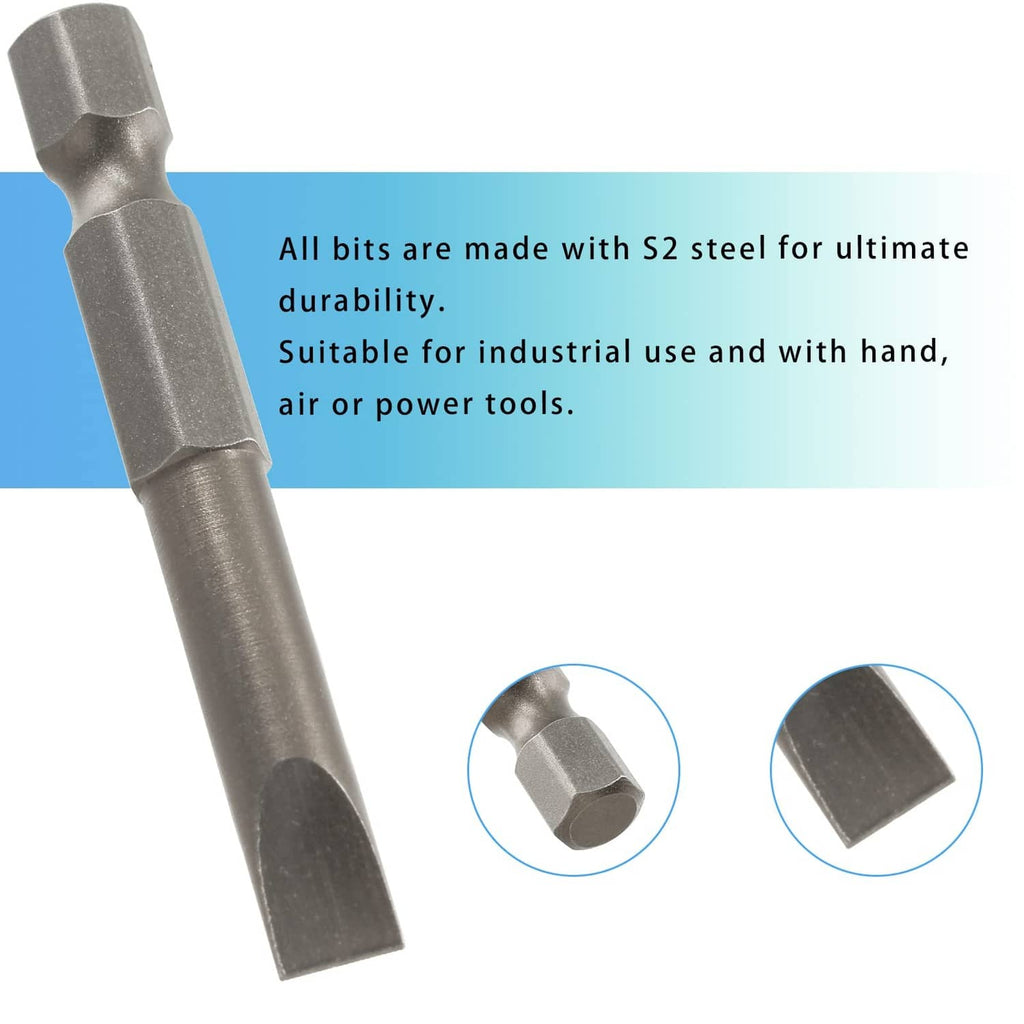 Flat-head slotted screwdriver bit, S2 steel, with hex shank and magnetic tip