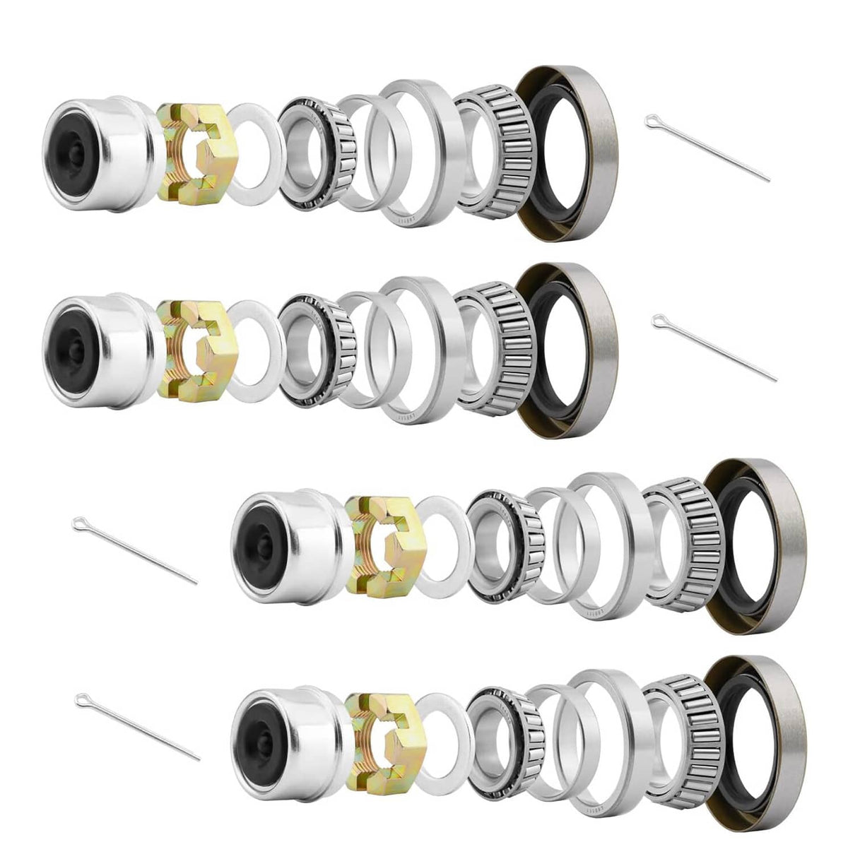 Boat trailer wheel axle bearing seal kit with metal bearings and rubber seals