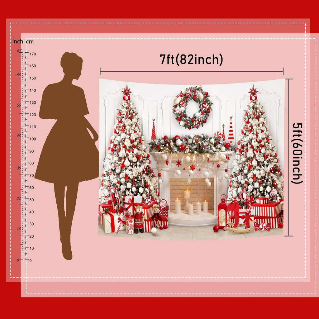 Christmas fireplace backdrop size graphic showing 7ft by 5ft dimensions and silhouette