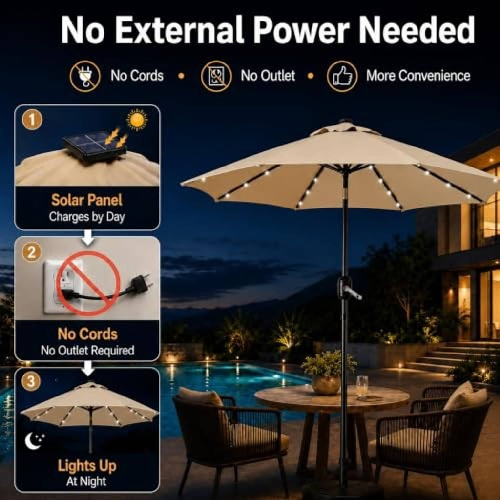 Tan patio umbrella with built-in solar LEDs shown under ribs on black pole