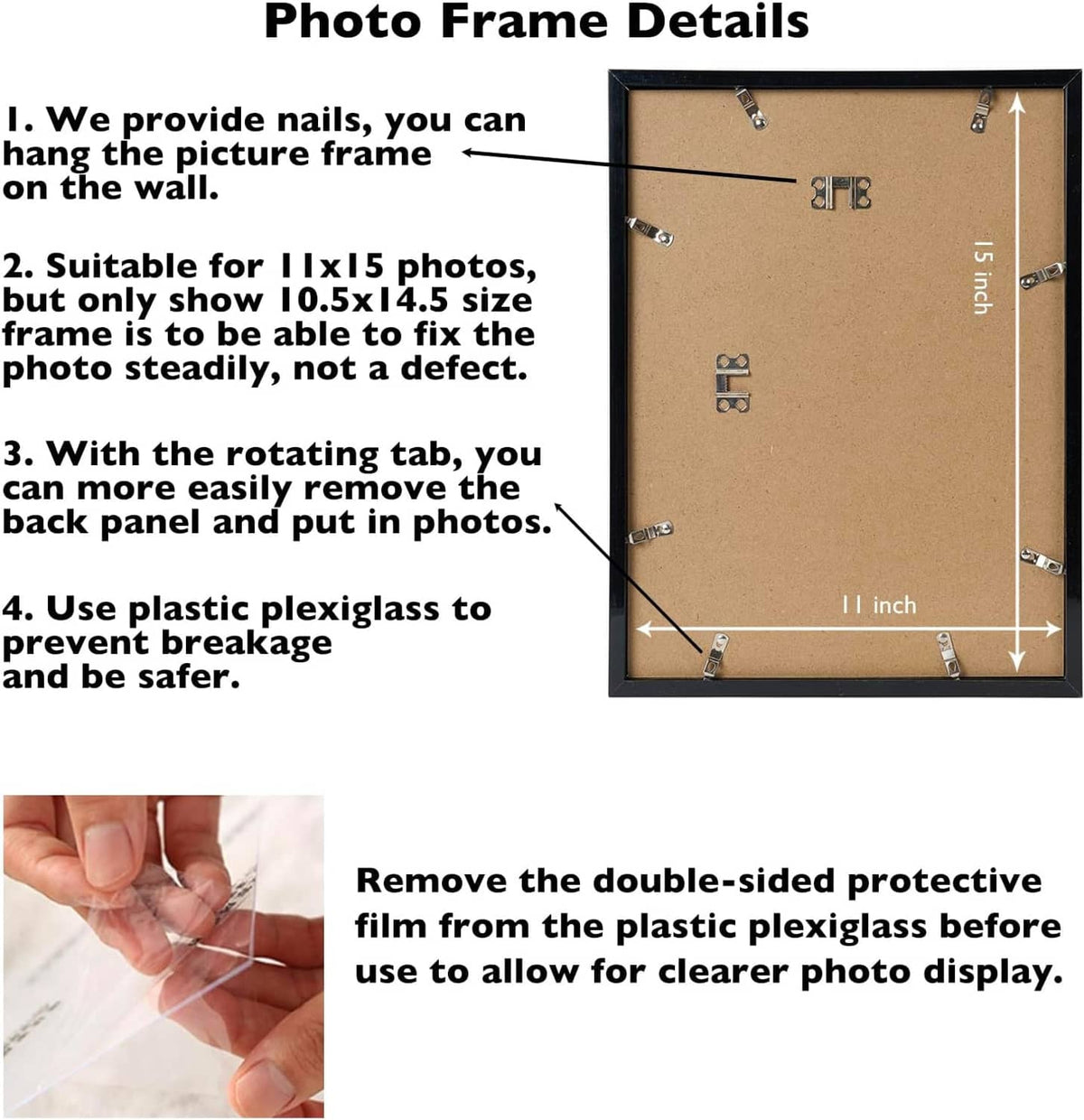 Back of black photo frame showing mounting nails and rotating tab for hanging photos