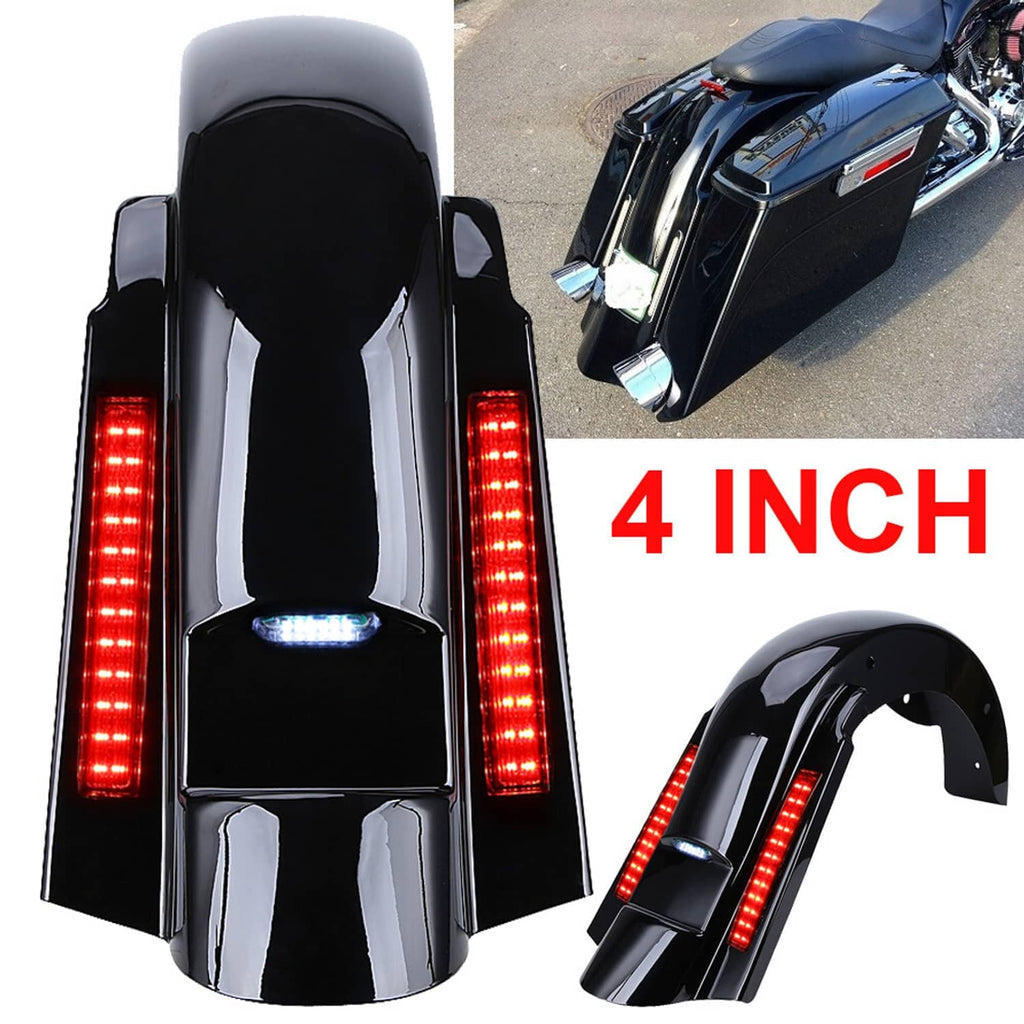 Motorcycle rear fender with bright red LED strips, black glossy finish and chrome center.