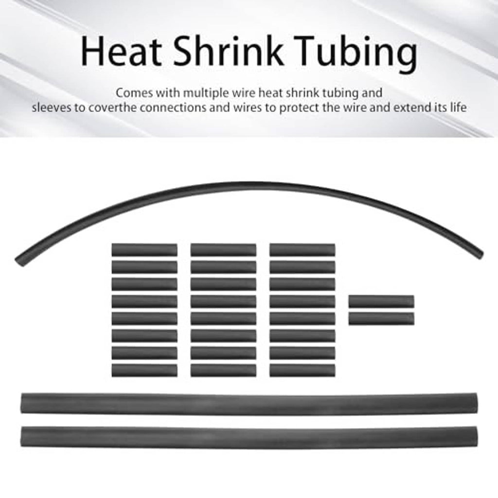 Heat shrink tubing set for wiring extension harness with black sleeves and protective strips