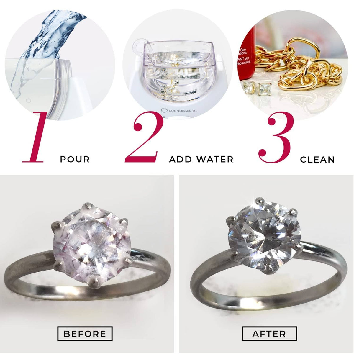 Diamond ring cleaner before-and-after with a step sequence showing pour, add water, clean