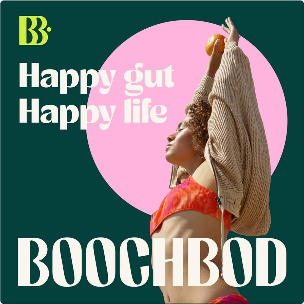 BoochBod kombucha gummy lifestyle graphic with people and the Happy gut slogan