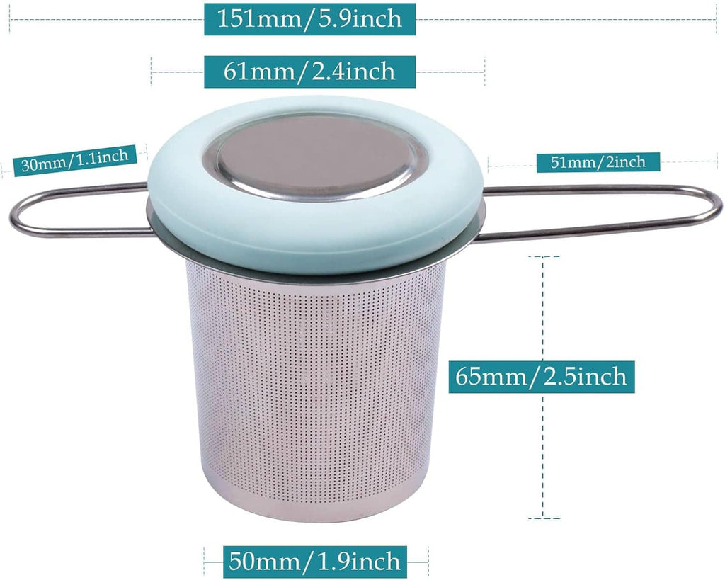 Stainless steel tea infuser basket with extra-fine mesh and folding metal handle, blue rim