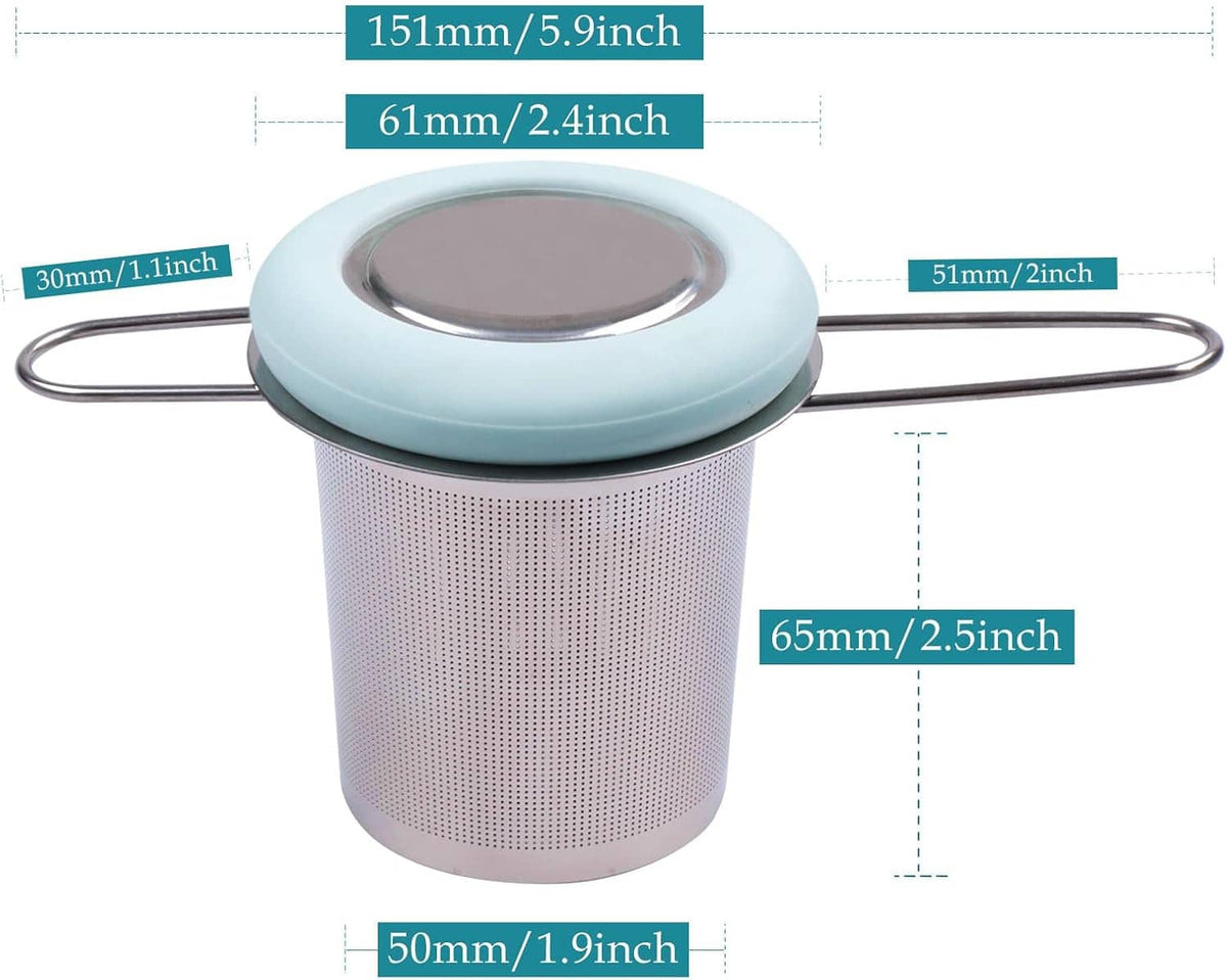 Stainless steel tea infuser basket with extra-fine mesh and folding metal handle, blue rim