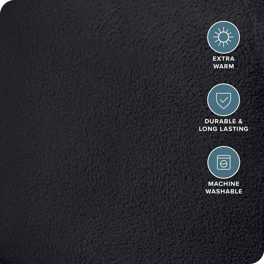 Black plush fleece fabric close-up with dense, looped texture