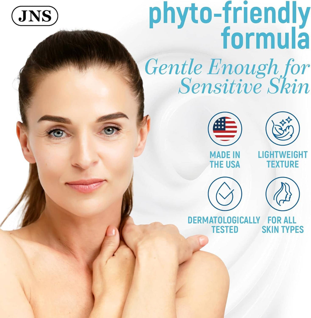 JNS balance cream concept with woman portrait and phyto-friendly formula callouts