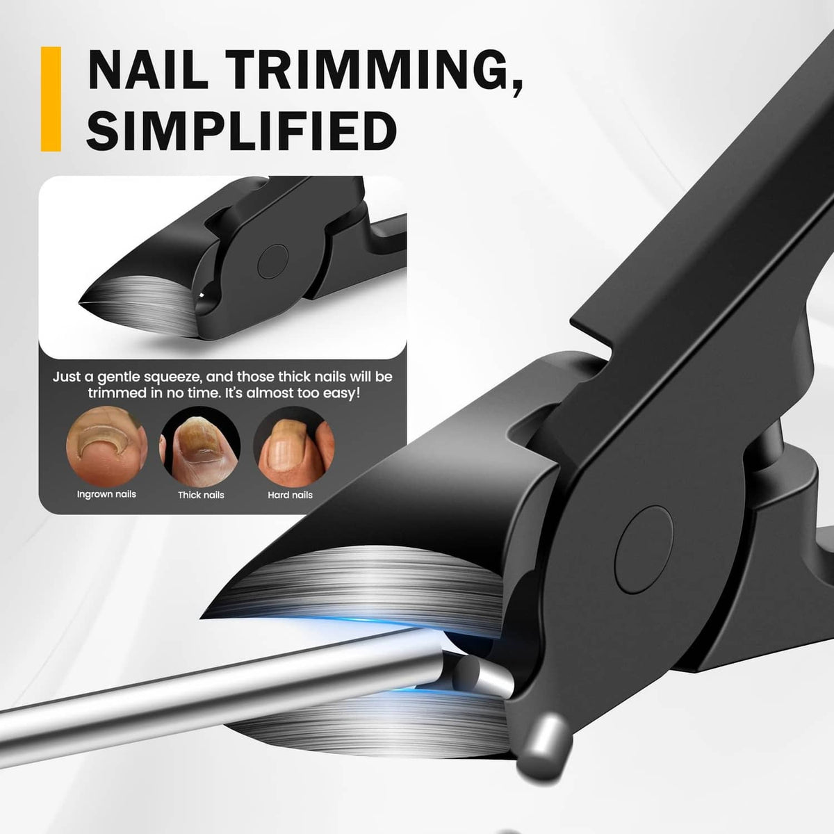 Black thick toe nail clippers showing curved blades and thick-nail cutting groove