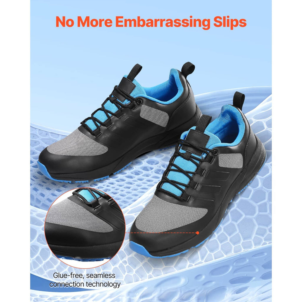 Pair of black cross-training sneakers with gray panels and blue lace and collar trim