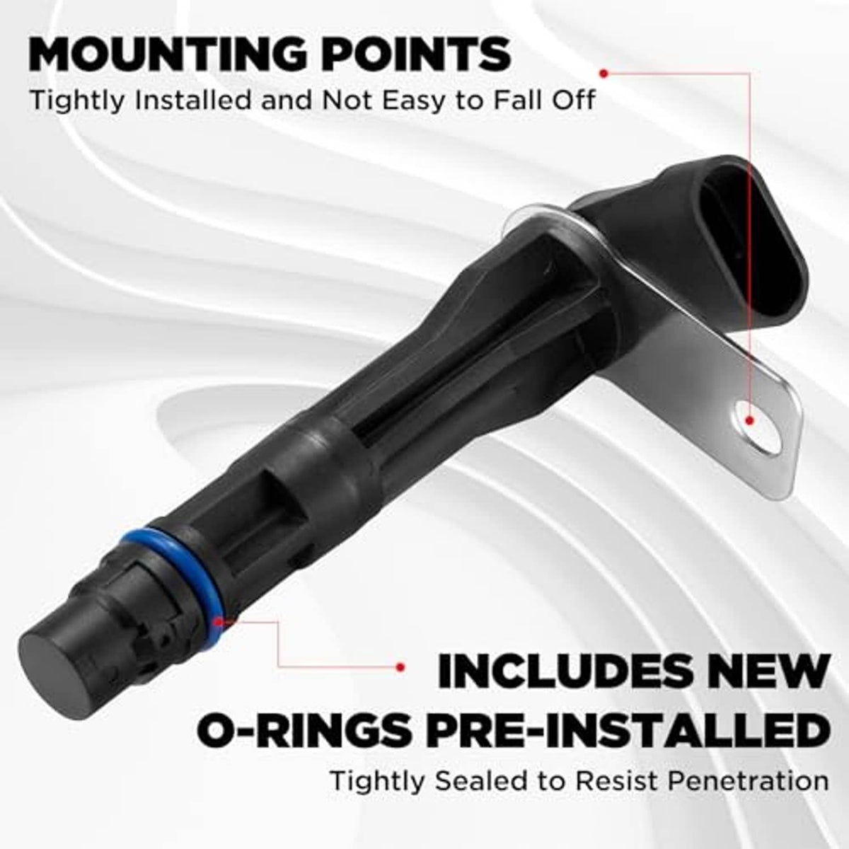 Camshaft position sensor with long black connector lead, metal mounting tab, blue O-rings.