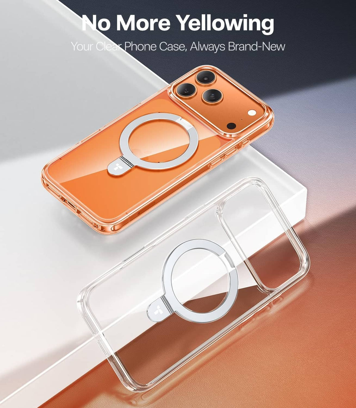 Crystal clear iPhone case with magnetic ring stand designed to resist yellowing