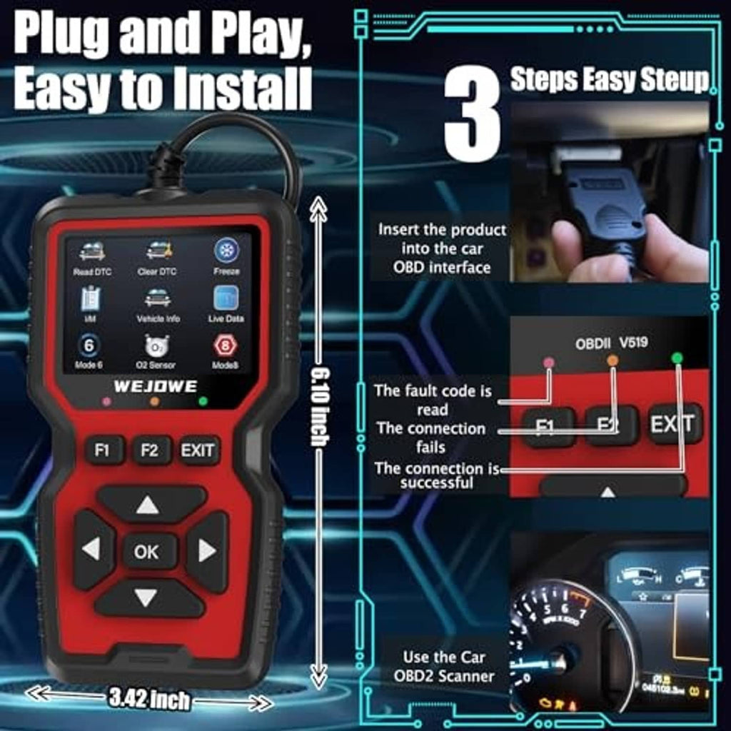 Red OBD2 scanner code reader with attached OBD cable and face-button controls