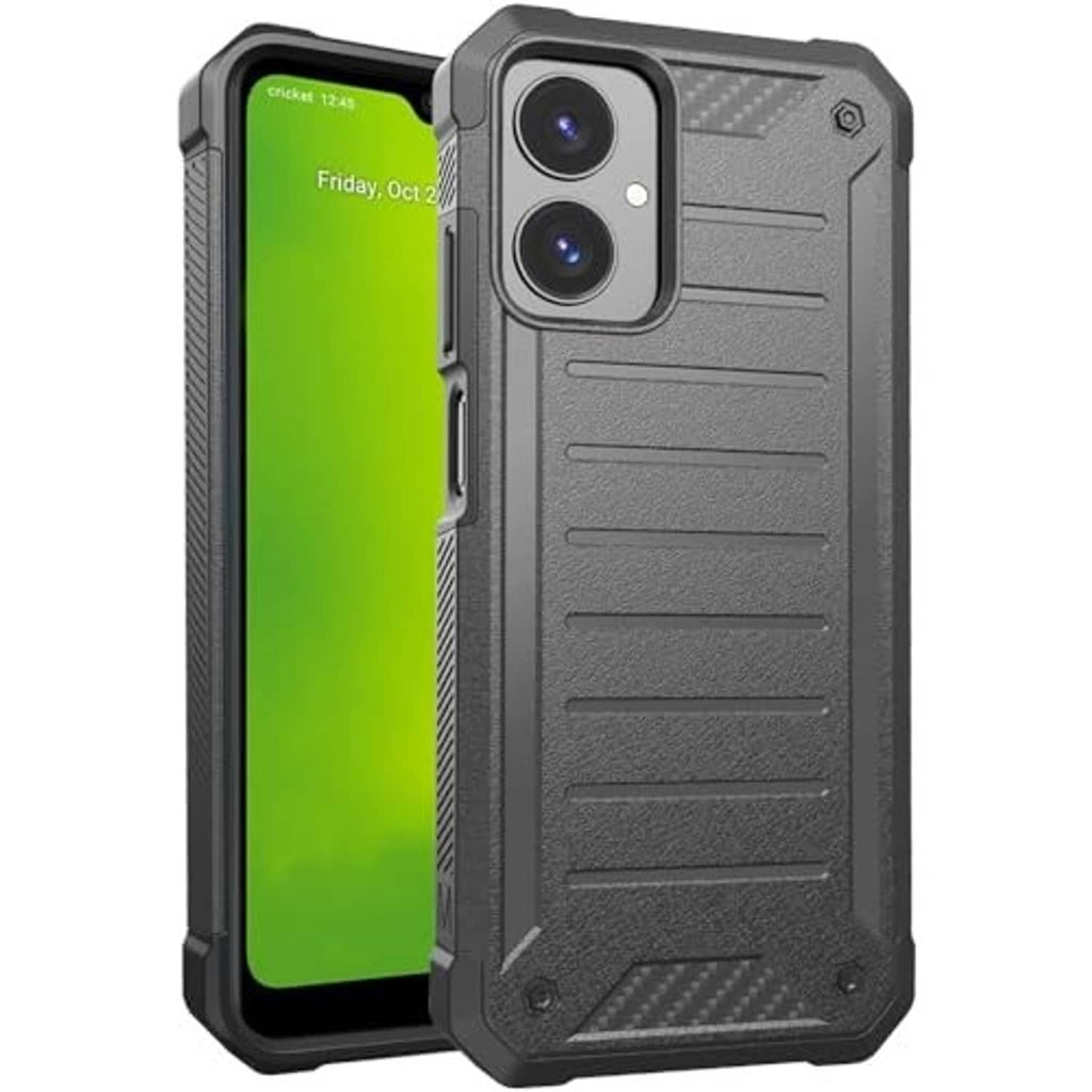 Gray rugged phone case with raised camera bezel and front screen opening