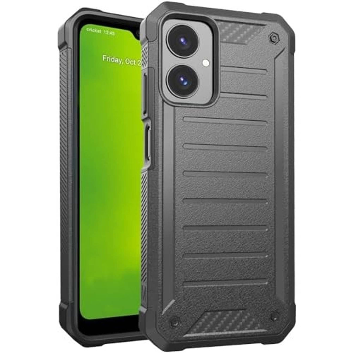 Gray rugged phone case with raised camera bezel and front screen opening