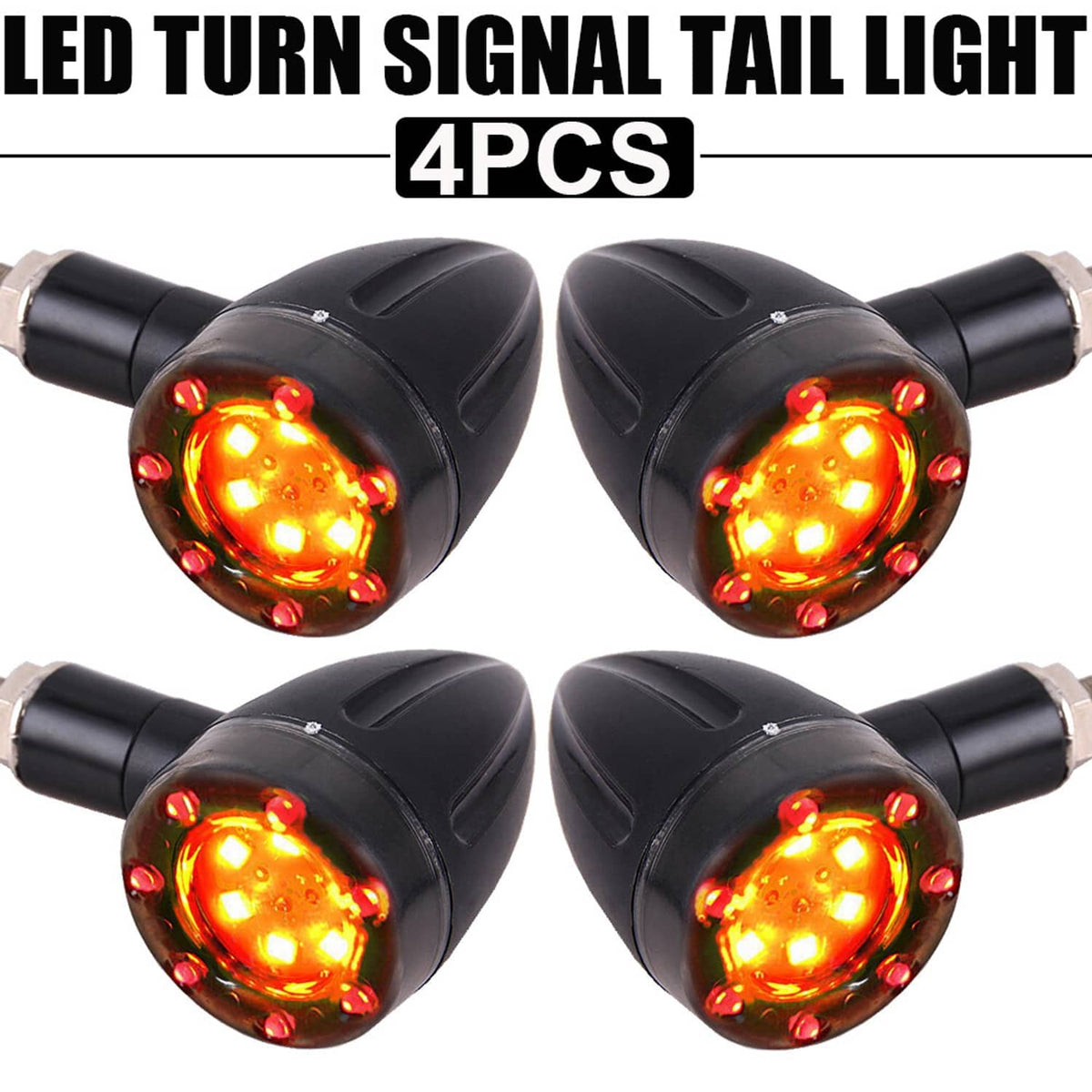 Four motorcycle LED turn signal indicators with amber light bulbs in black housings