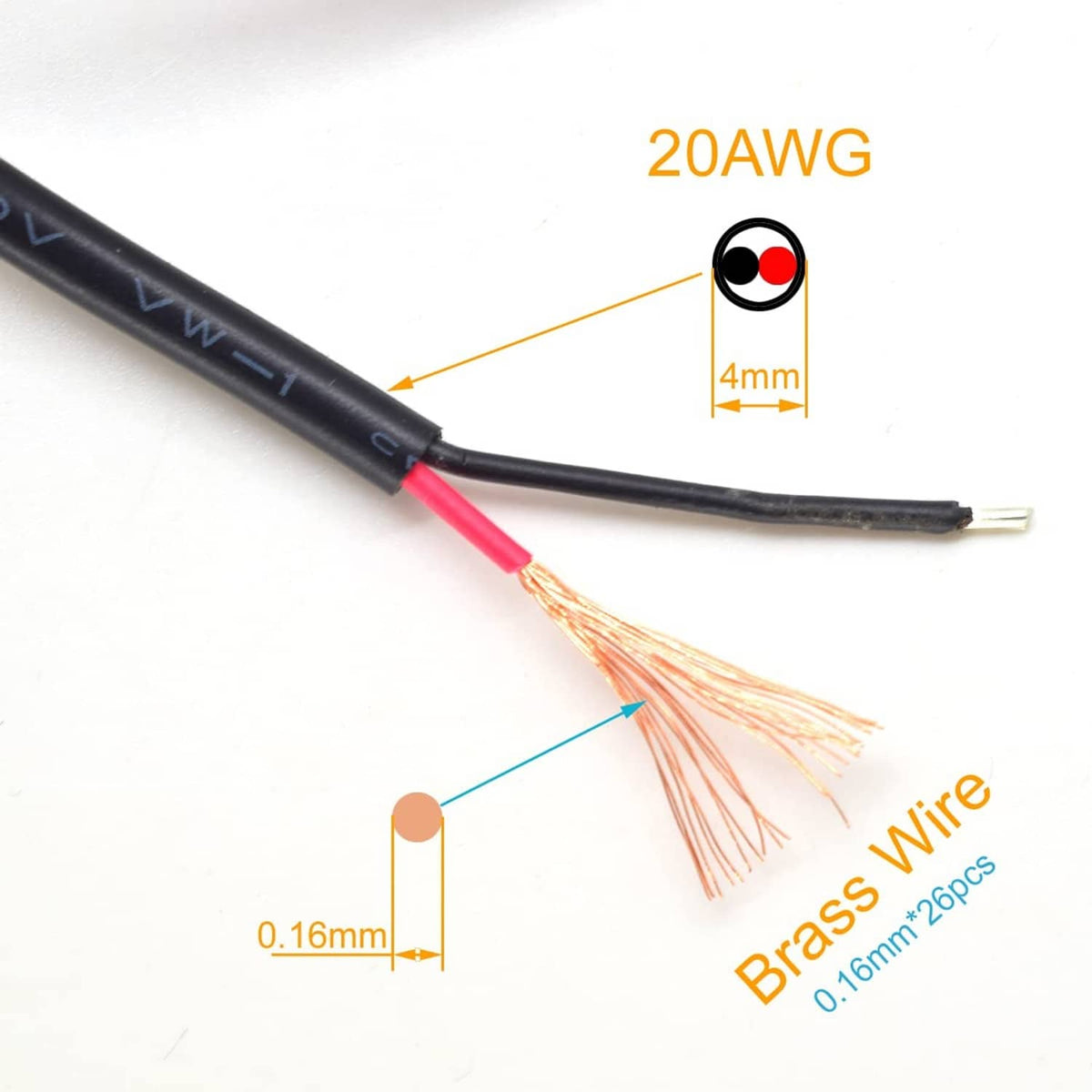 Wire end detail: black cable with red lead and thin copper strands, 20AWG.
