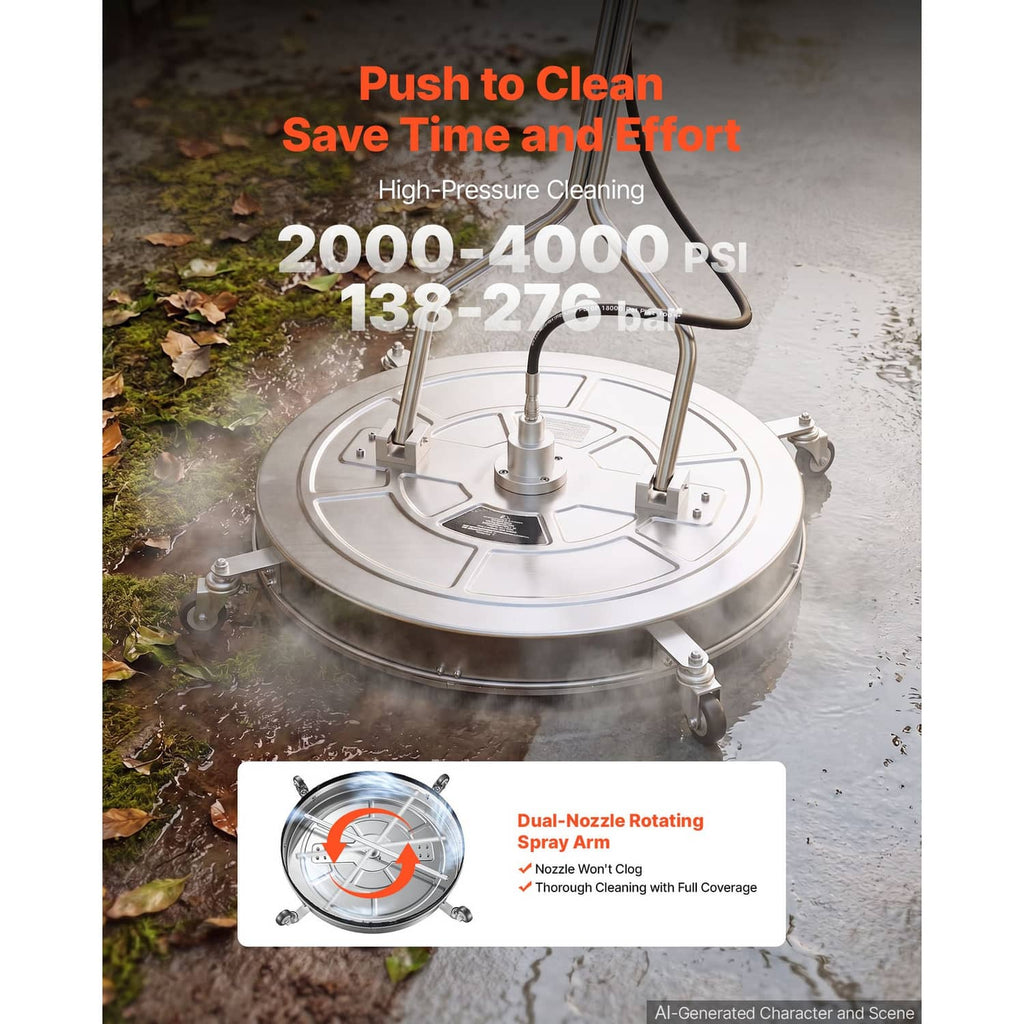 Circular surface cleaner spraying water mist, dual rotating nozzles and steel handle