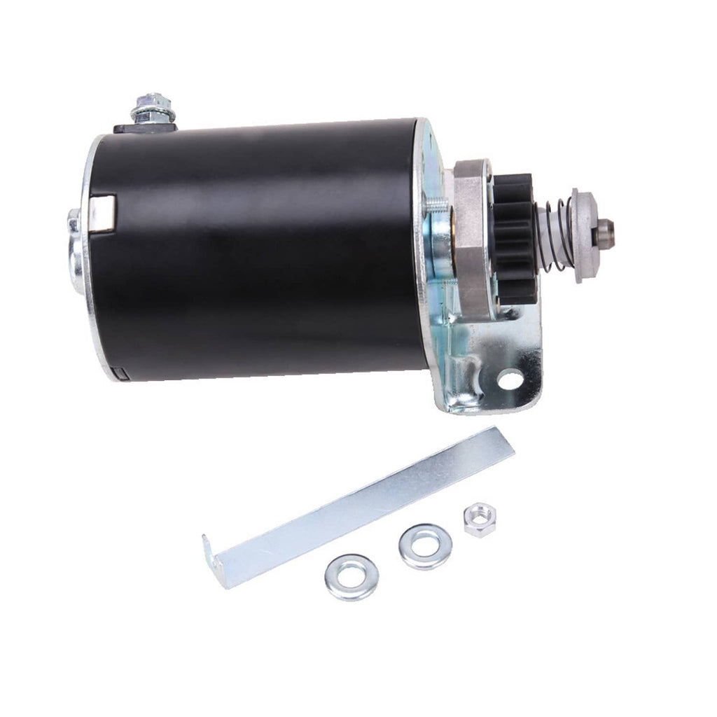 Small engine starter motor with black housing, pinion drive gear and included mounting parts