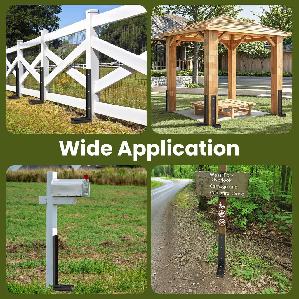 Black steel fence post repair stakes supporting fence panels in outdoor yards