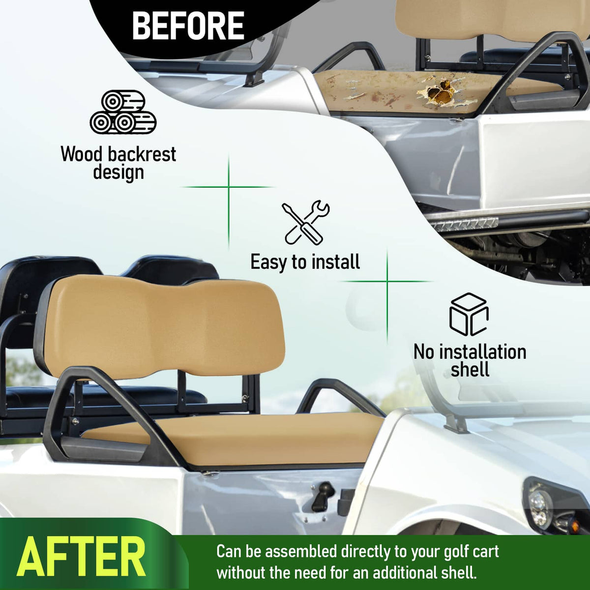 Tan front seat bottom cushion on golf cart, clean installed look