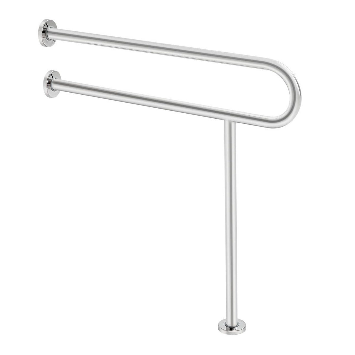 Stainless steel toilet safety grab bar with vertical support base, curved ends.