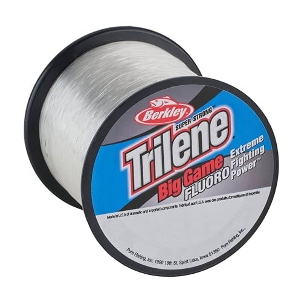 Fishing line spool with Trilene Big Game fluorocarbon label, white line on black reel