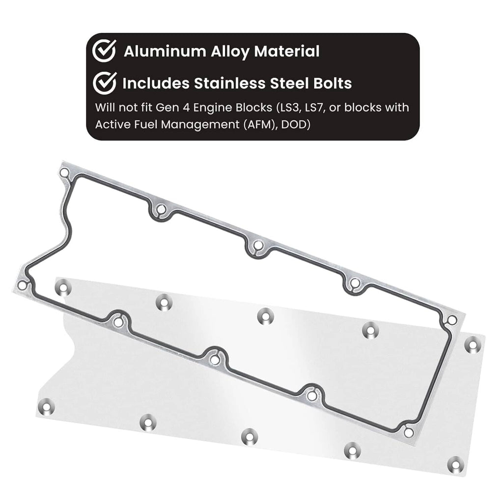 Aluminum LS valley cover plate kit with gasket, stainless bolts, and mounting holes