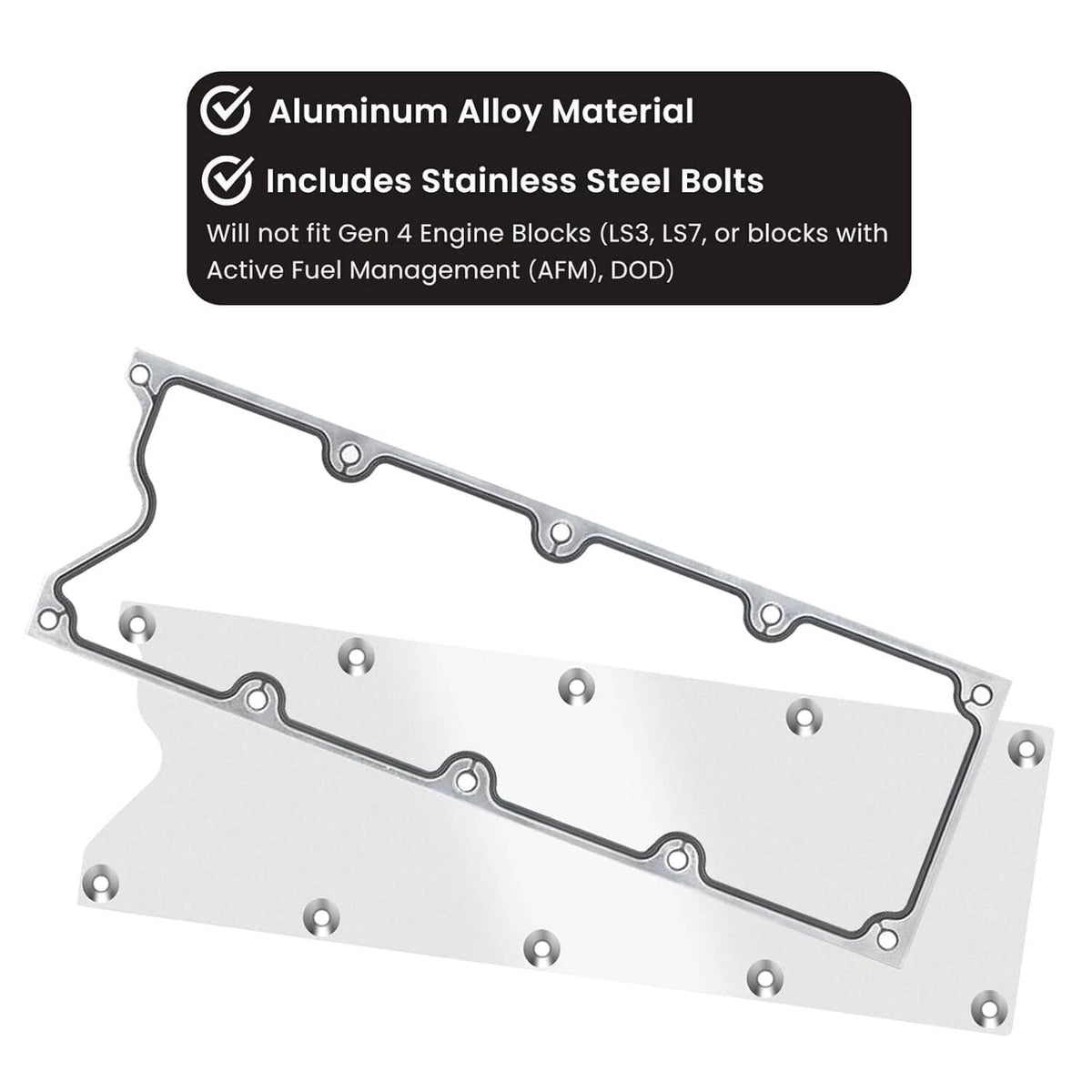 Aluminum LS valley cover plate kit with gasket, stainless bolts, and mounting holes