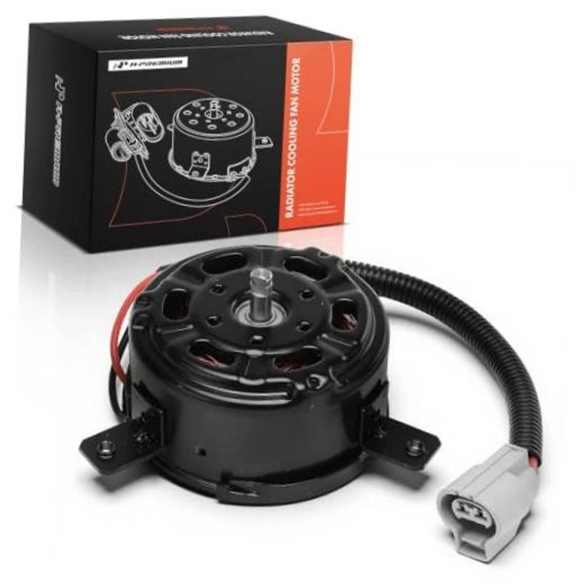Radiator fan motor assembly with black housing and electrical connector