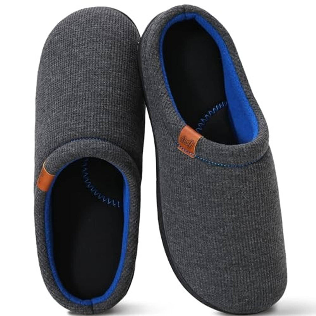 Men’s dark grey knit house slippers with blue trim and cushioned black interior