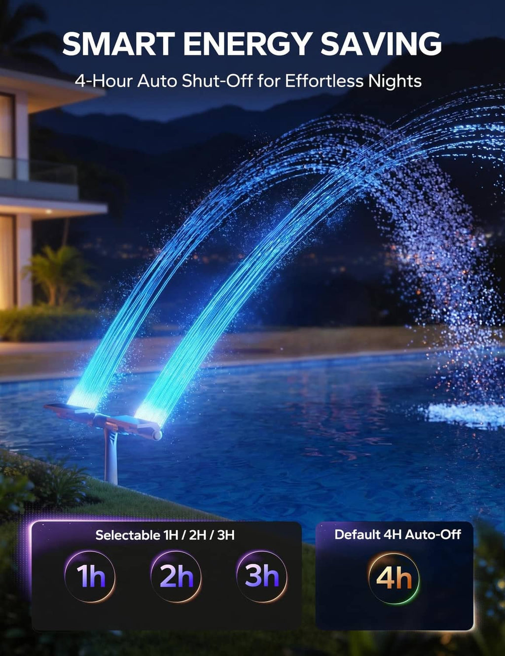 Solar pool fountain with blue LED water jet and 4-hour auto shut-off feature