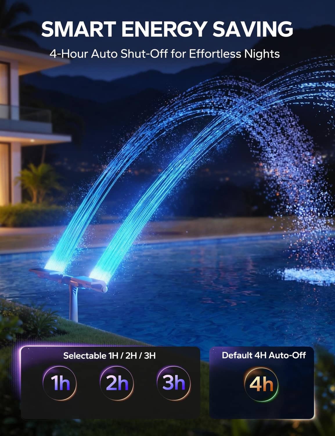 Solar pool fountain with blue LED water jet and 4-hour auto shut-off feature