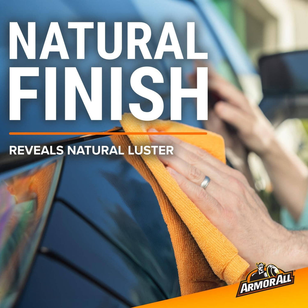 Car paint natural finish: hand polishing with orange trigger bottle and microfiber cloth