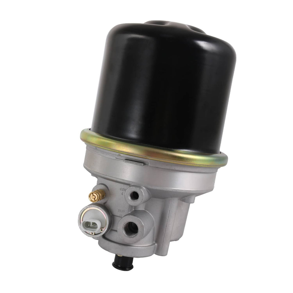 Air dryer valve with black canister and silver mounting base, connector ports visible