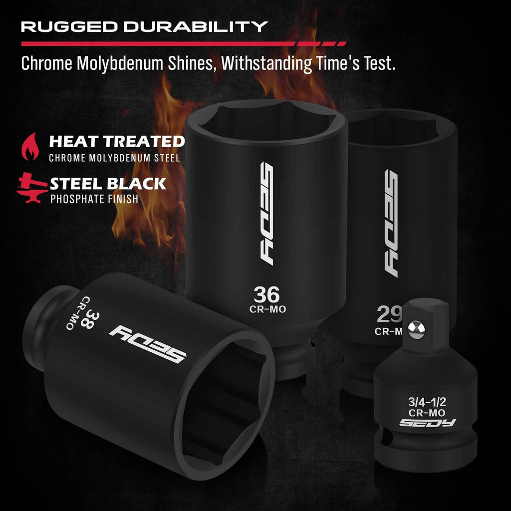 Black deep impact sockets with size markings, heat-treated metal finish