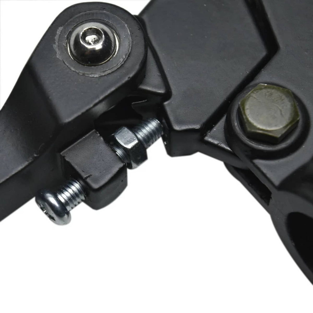 Black brake lever pivot and mounting bolts with hex nut detail