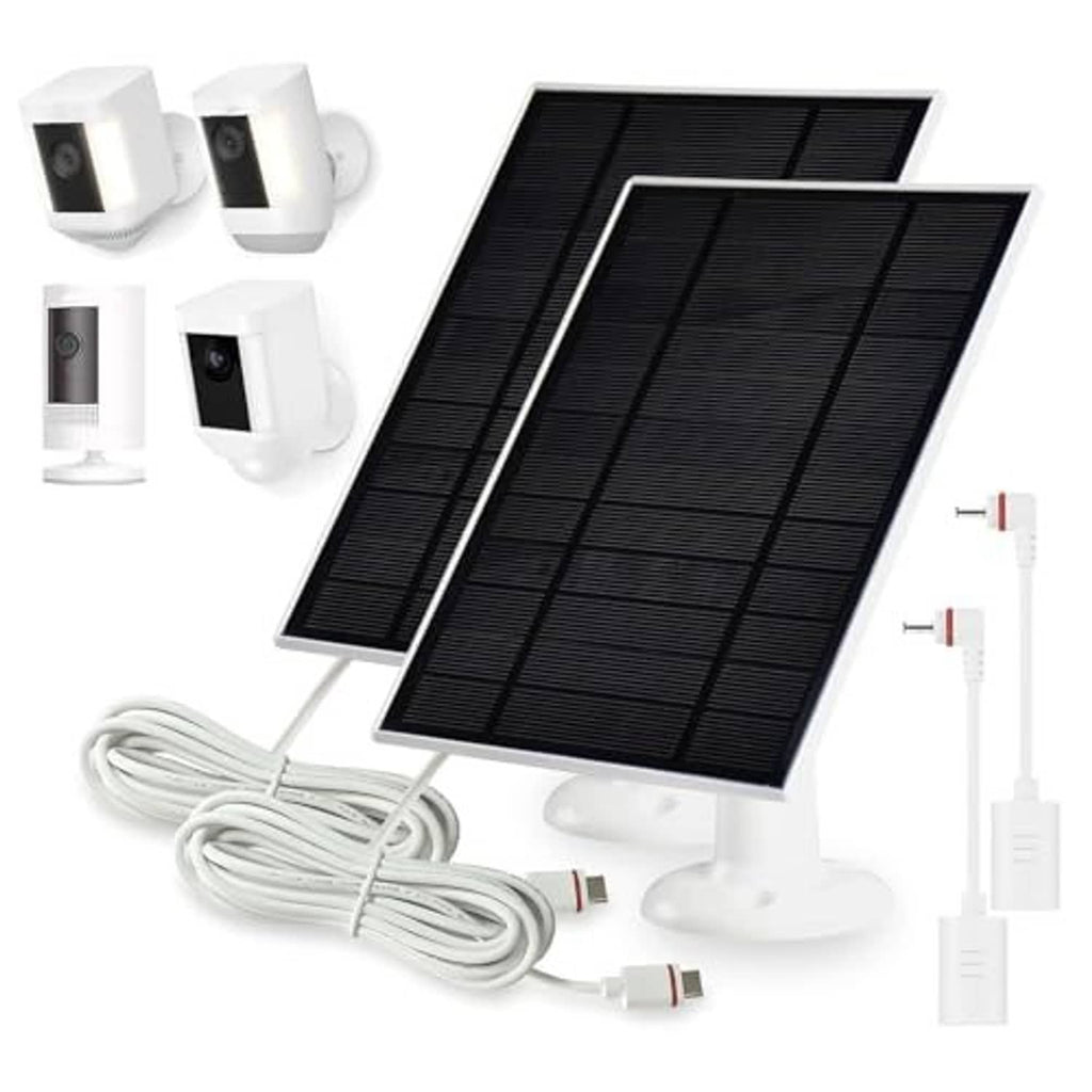 USB-C to barrel plug adapter cable set with solar panels, mounting bases, and cables