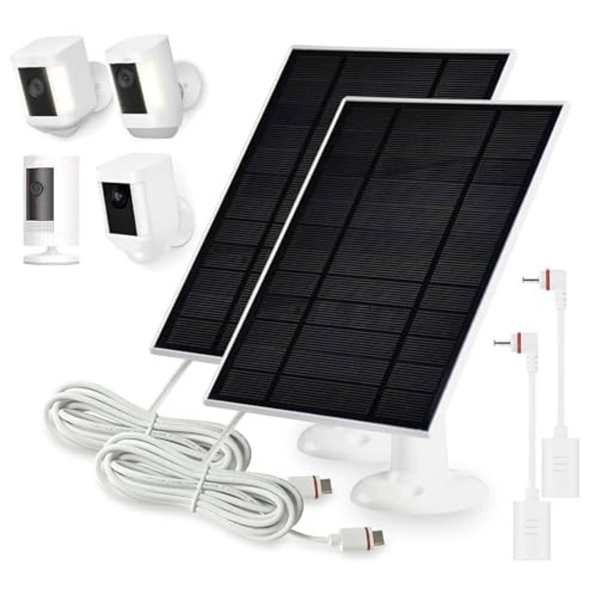 USB-C to barrel plug adapter cable set with solar panels, mounting bases, and cables